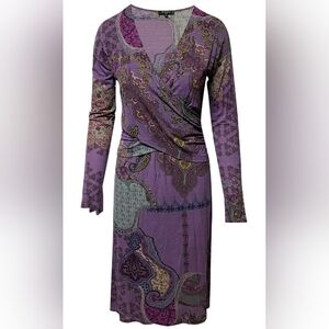Etro Purple Paisley LS Faux Wrap Wool Blend Dress EUC